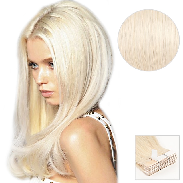  На ленте Расширения человеческих волос Прямой Натуральные волосы Накладки из натуральных волос Платиновый блондин
