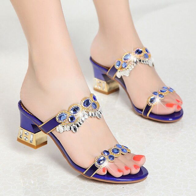  Women's Shoes Nappa Leather Summer Club Shoes Sandals Chunky Heel Rhinestone For Casual Gold Purple Blue