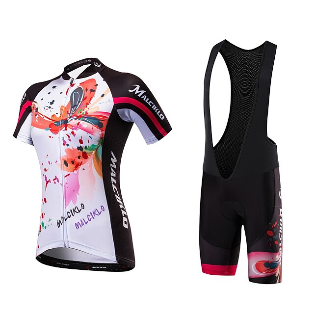  Malciklo Women's Short Sleeve Cycling Jersey with Bib Shorts White Floral Botanical Bike Clothing Suit Breathable Quick Dry Anatomic Design Ultraviolet Resistant Reflective Strips Sports Polyester