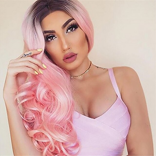  Synthetische Lace Front Perücken Wellen Wellen Spitzenfront Perücke Rosa Mittlerer Länge Lang Rosa Synthetische Haare Damen Gefärbte Haarspitzen (Ombré Hair) Natürlicher Haaransatz Rosa