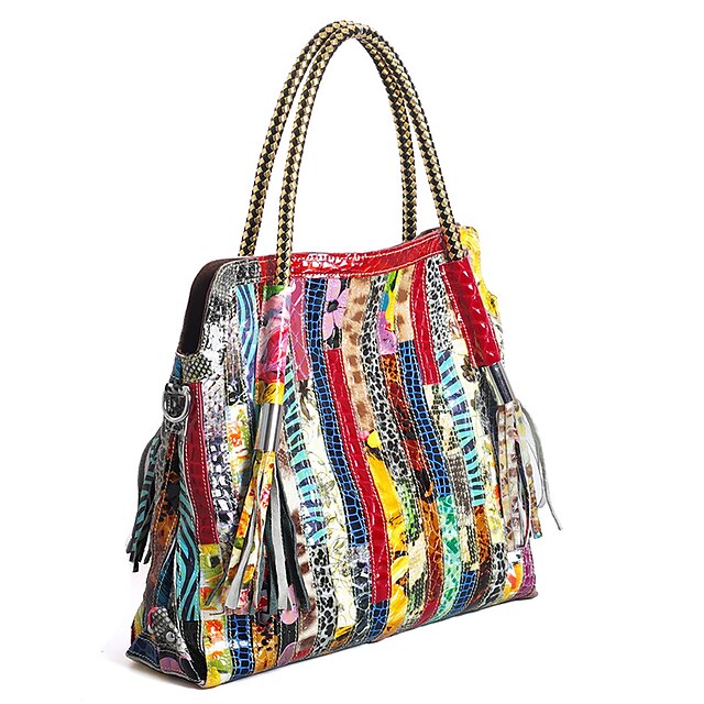  Women's Bags Cowhide Tote Split Joint Color Block Stripes Snakeskin Retro Event / Party Rainbow