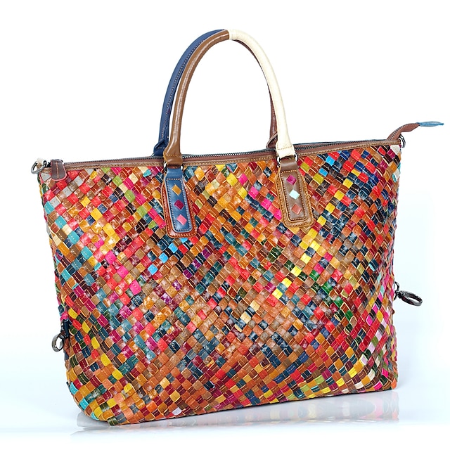  Women's Bags Cowhide Tote Braided Strap Color Block Rainbow
