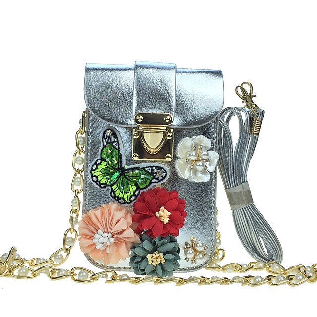  Women's Rhinestone / Petal / Satin Flower leatherette / PU(Polyurethane) Mobile Phone Bag Black / Gold / Silver / Embroidery