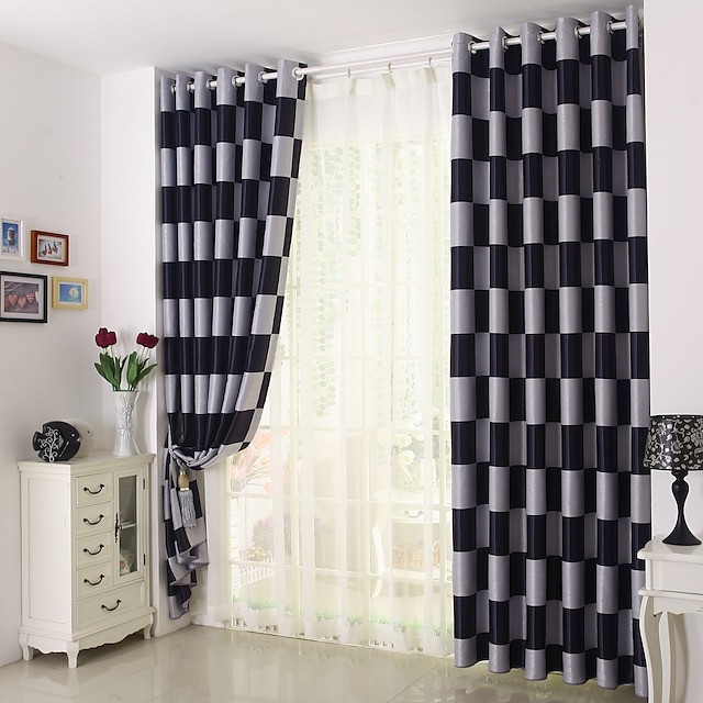  Rod Pocket Grommet Top Double Pleat Pencil Pleat Curtain Other, Print Check Living Room Material Blackout Curtains Drapes Home Decoration