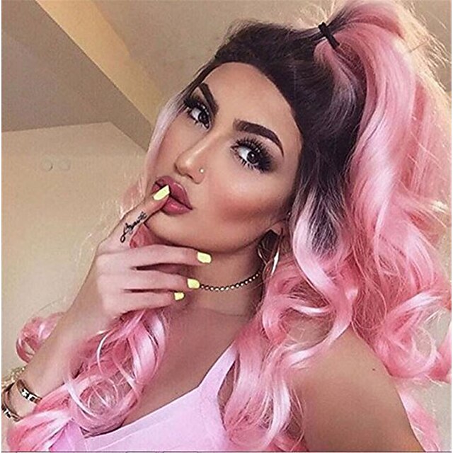  Synthetic Wig Wavy Body Wave Kardashian Body Wave Wig Long Pink Synthetic Hair Women's Ombre Hair Dark Roots Natural Hairline Pink