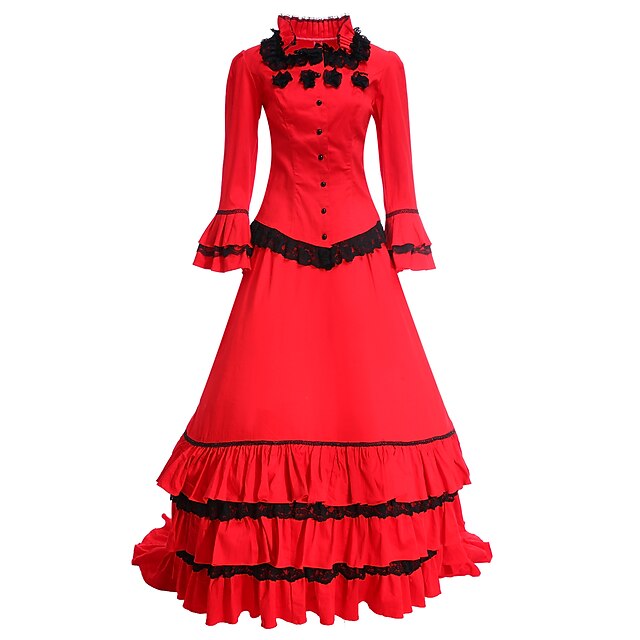  Victorian Medieval 18th Century Vacation Dress Dress Party Costume Masquerade Prom Dress Women's Cotton Costume Red Vintage Cosplay Long Sleeve Long Length