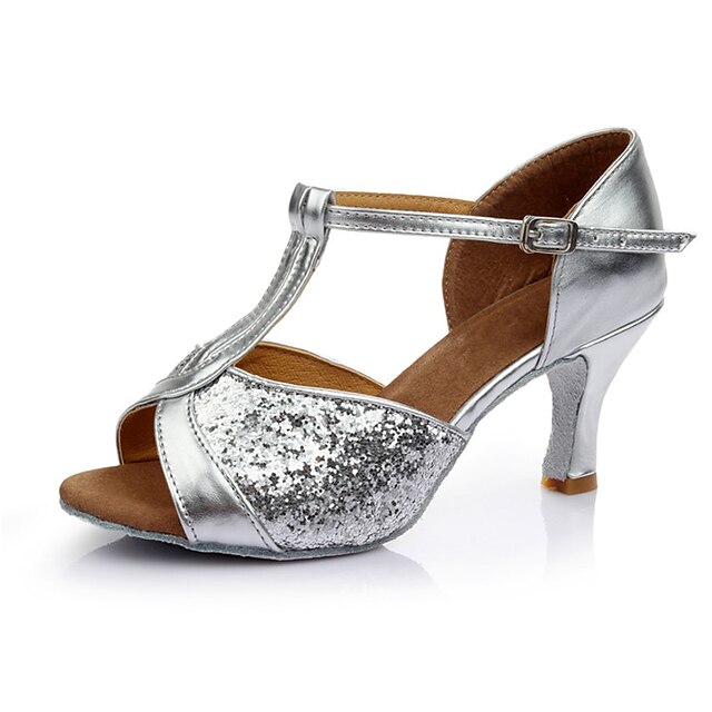  Damen Schuhe für den lateinamerikanischen Tanz Sandalen Maßgefertigter Absatz Paillette Paillette Silber / Innen / Leder
