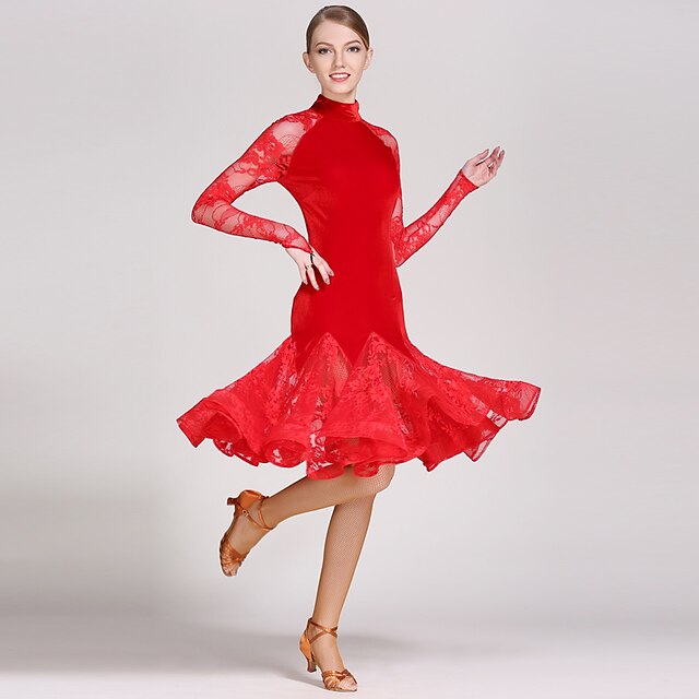 Latin Dance Dress Draping Womens Performance Long Sleeve Natural Lace Velvet 2023 Us 14399