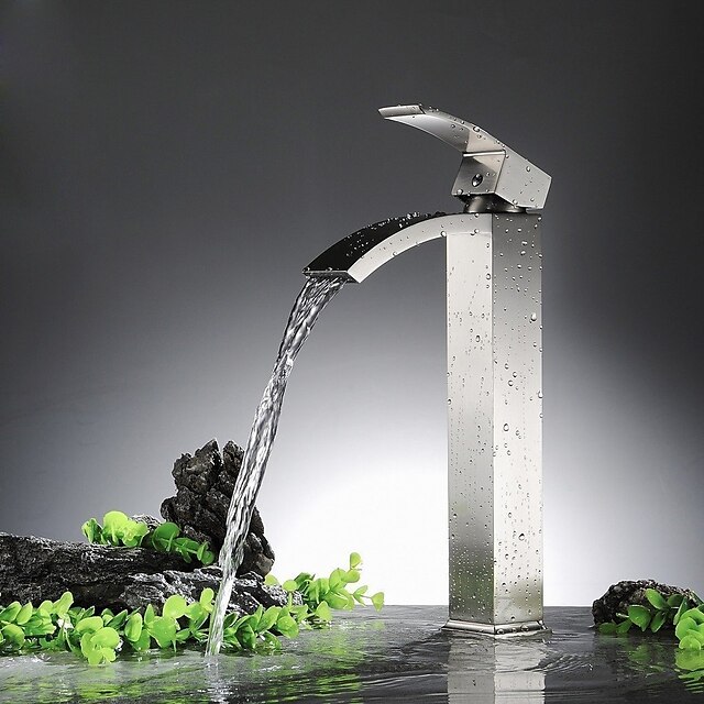  Bathroom Sink Faucet - Waterfall Nickel Brushed Centerset Single Handle One HoleBath Taps