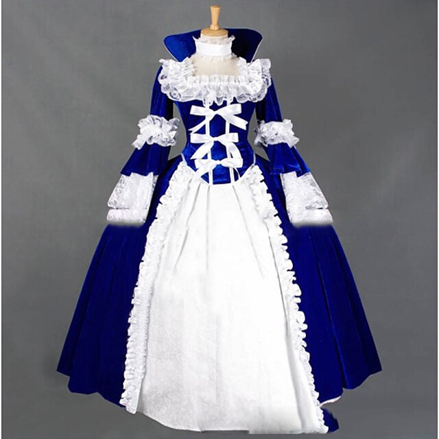  Gothic Victorian Medieval 18th Century Dress Party Costume Masquerade Women's Lace Costume Blue White Vintage Cosplay Party Prom Long Sleeve Floor Length Ball Gown Plus Size Customized