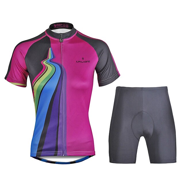  ILPALADINO Women's Short Sleeve Cycling Jersey with Shorts Summer Lycra Polyester Black Rainbow Patchwork Funny Bike Clothing Suit 3D Pad Ultraviolet Resistant Quick Dry Reflective Strips Back Pocket