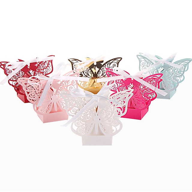  Party Classic Theme Favor Boxes Pearl Paper Ribbons 50