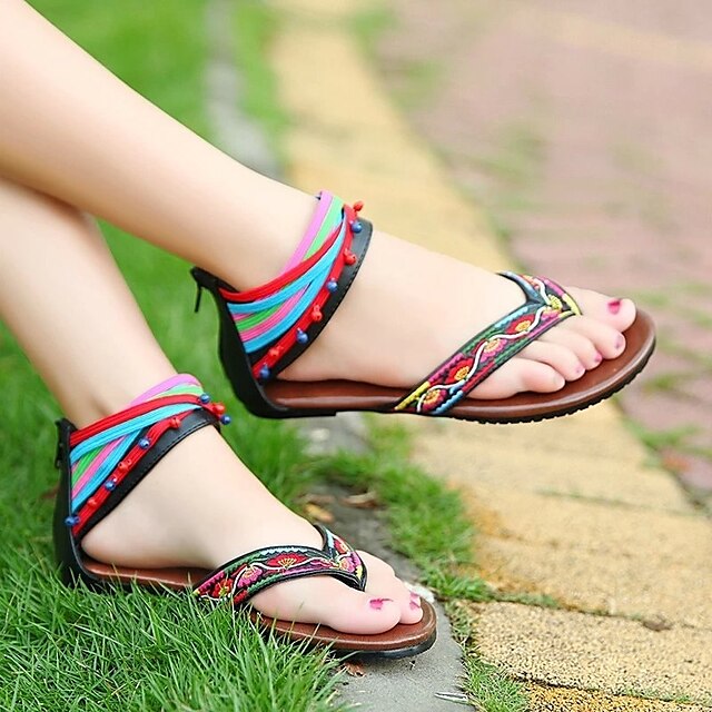  Women's Shoes Fabric Summer Slingback Sandals Flat Heel For Casual Black Red