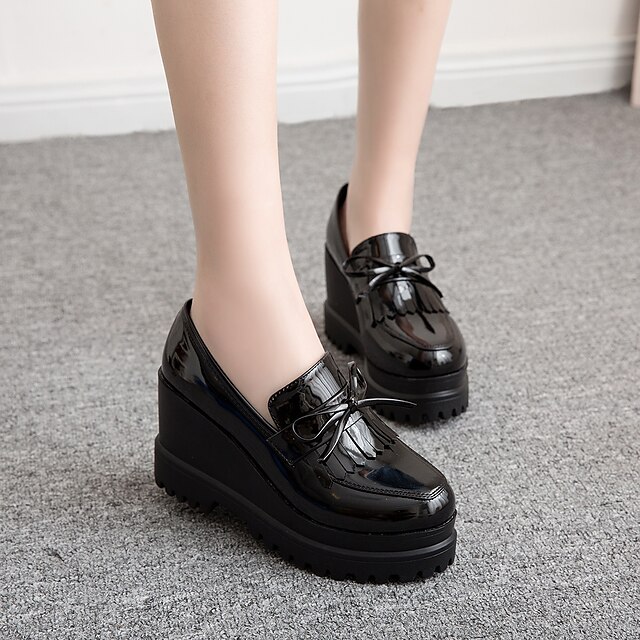  Women's PU(Polyurethane) Spring / Fall Comfort Loafers & Slip-Ons Wedge Heel Black / Burgundy