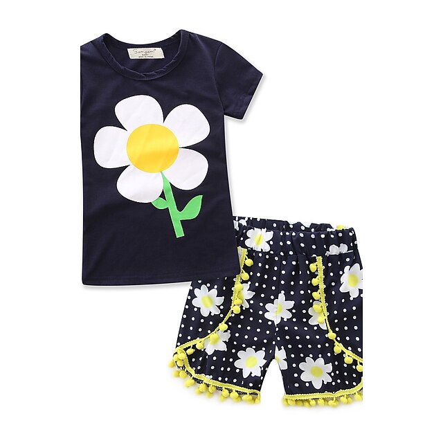  Copil Fete Set de îmbrăcăminte Manșon scurt Bleumarin Geometric Modă 100% Bumbac Floral Regulat / Vară