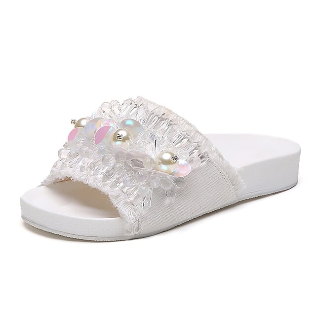  Women's Shoes Canvas Summer Slingback Flats Walking Shoes Low Heel Round Toe Rhinestone Imitation Pearl for Casual Outdoor Dress White