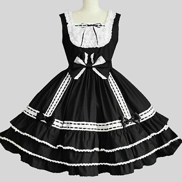  Princess Gothic Lolita Vacation Dress Dress JSK / Jumper Skirt Prom Dress Women's Girls' Japanese Cosplay Costumes Black Solid Color Sleeveless Knee Length