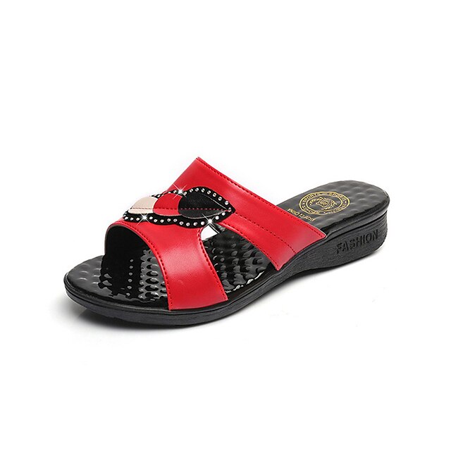  Women's Shoes Patent Leather Spring Summer Slippers & Flip-Flops Low Heel Round Toe Open Toe Rhinestone for Black Red Blue