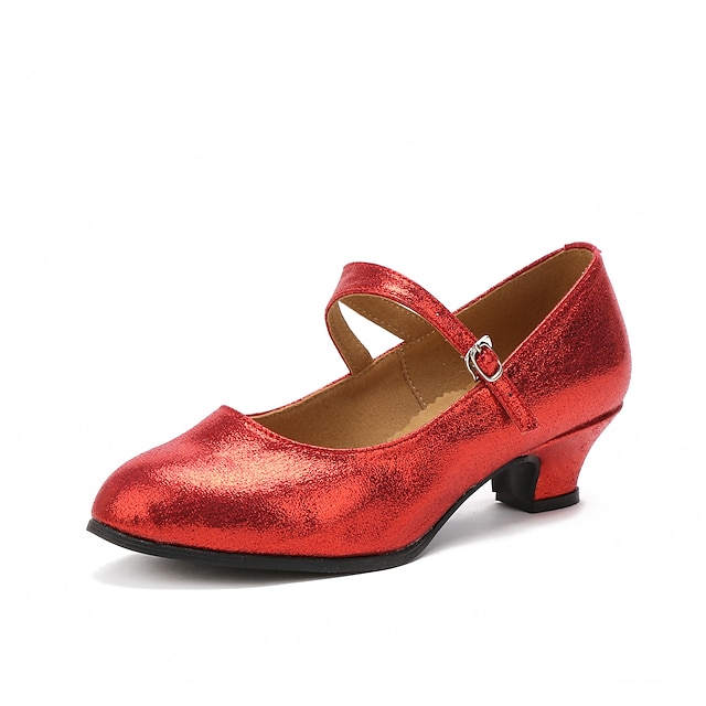 Women's Ballroom Dance Shoes Modern Dance Shoes Indoor Professional Waltz Heel Solid Color Low Heel Buckle Silver Black Red