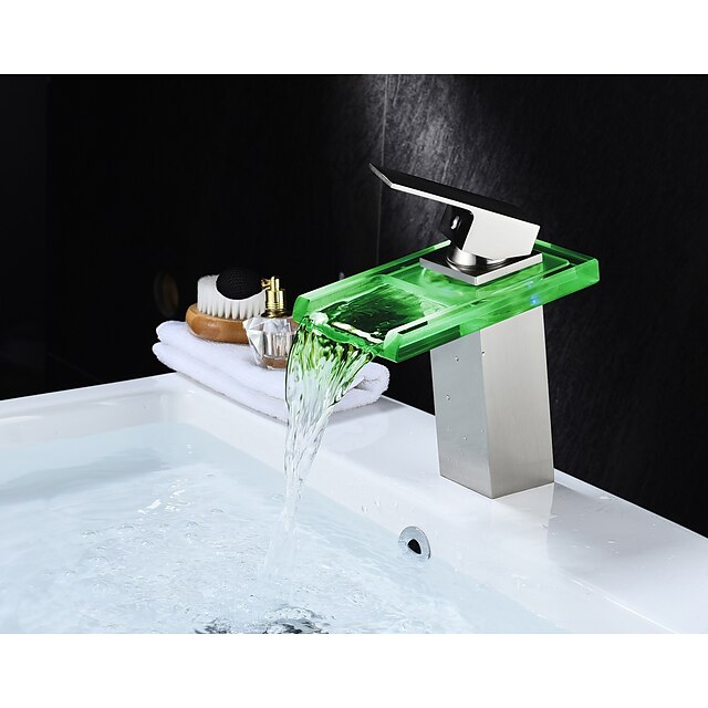  torneira da pia do banheiro transparente - cascata / led níquel escovado centerset de manípulo único holebath taps / brass