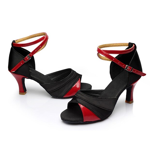  Mulheres Sapatos de Dança Latina Sandália Salto Personalizado Seda Preto / Vermelho / Interior / Couro