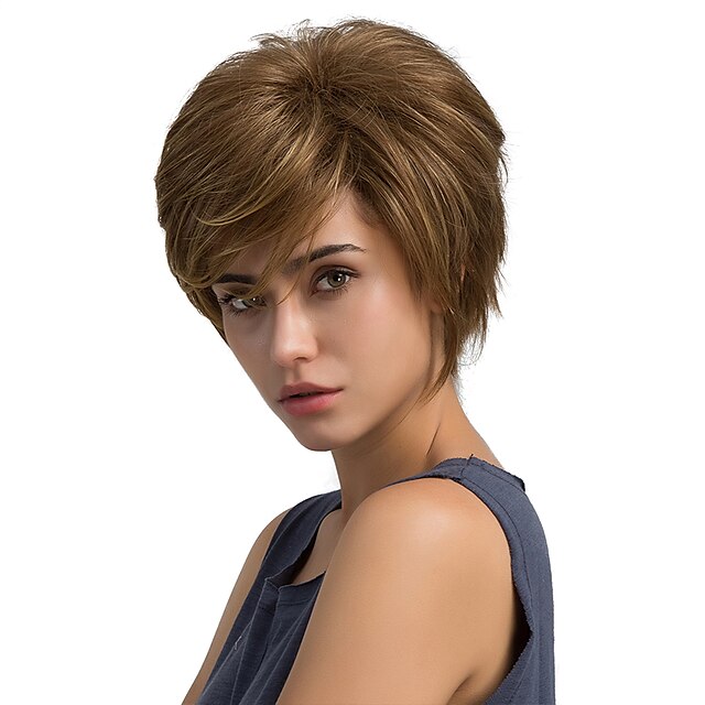  Synteettiset peruukit Suora Suora Peruukki Lyhyt Golden Brown Synteettiset hiukset Naisten Ruskea MAYSU