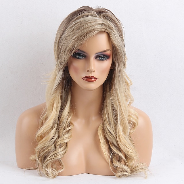  Human Hair Blend Wig Long Wavy Layered Haircut With Bangs Wavy Ombre Side Part Machine Made Women's Yellow