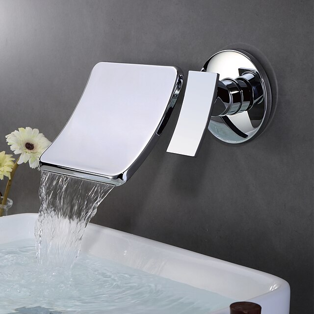  Bathroom Sink Faucet - Wall Mount / Waterfall Chrome Wall Mounted Single Handle Two HolesBath Taps / Brass
