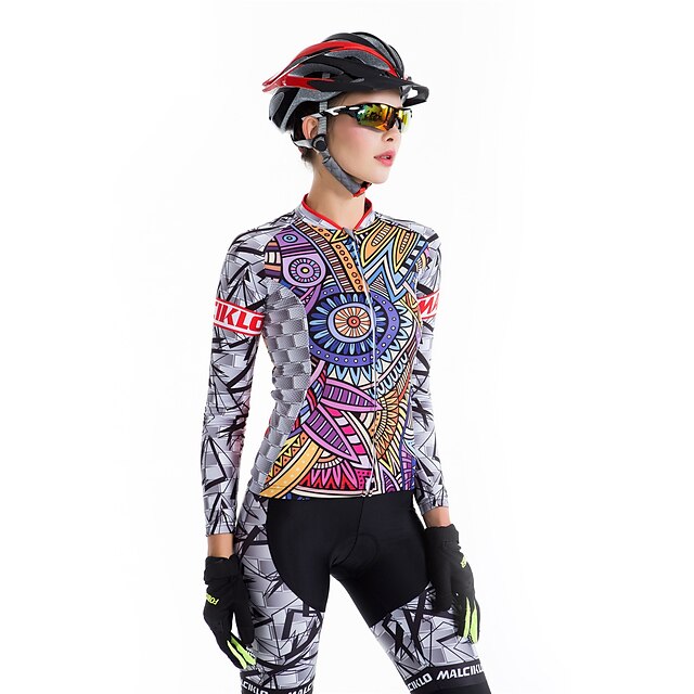  Malciklo Women's Cycling Jersey with Tights Long Sleeve Mountain Bike MTB Road Bike Cycling Winter Black Green Purple 3D Novelty Bike Clothing Suit Lycra 3D Pad Breathable Quick Dry Reflective Strips