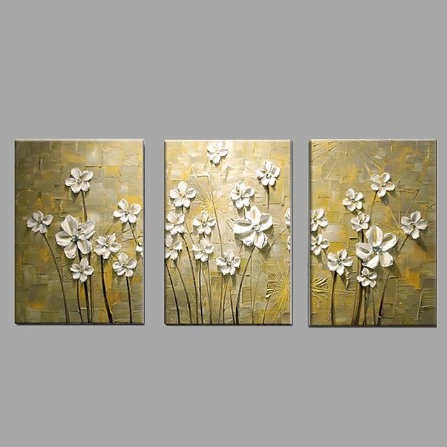  Pintura a Óleo Pintados à mão - Floral / Botânico Pastoril / Modern Tela de pintura / 3 Painéis
