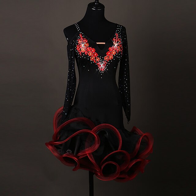 Women's Dancewear Latin Dance Dress Long Sleeve Crystals / Rhinestones