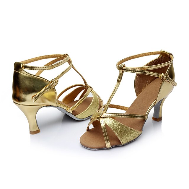  Damen Schuhe für den lateinamerikanischen Tanz Sandalen Maßgefertigter Absatz Paillette Paillette Gold / Innen / Leder