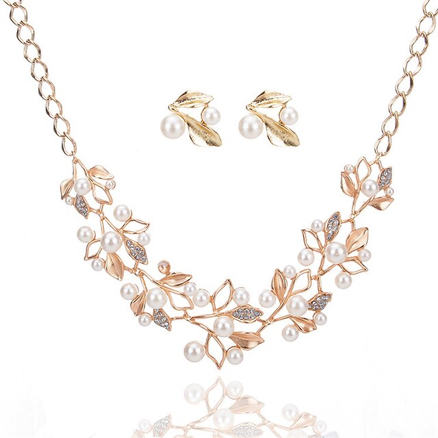  Damen Schmuckset Pendant Halskette Halskette / Ohrringe Blattform damas Luxus Anhänger Stil Perle Modisch Brautkleidung Krystall Künstliche Perle Strass Ohrringe Schmuck Gold / Silber Für Weihnachts