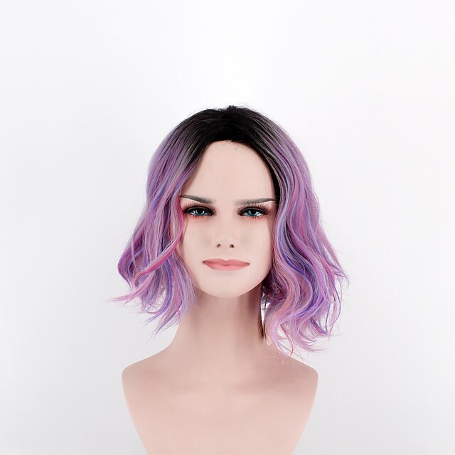  Synthetic Wig Wavy Wavy Wig Pink Short Purple Synthetic Hair Women's Middle Part Bob Pink