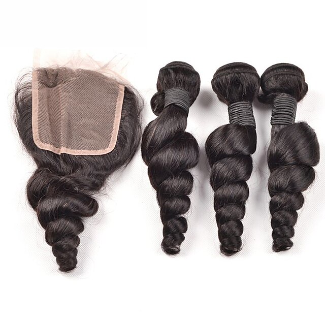  4Pcs/lot 300g Brazilian Virgin Hair Loose Wave Hair Weft With 1Pcs 40g  Lace Closure Free Part Raw Human Hair Weaves