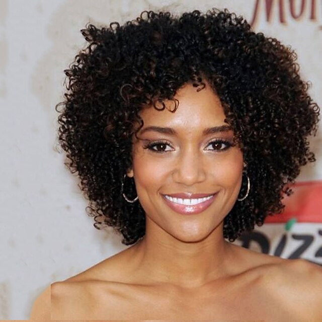  Syntetiske parykker Afro Kinky Curly Stil Parykk Kort Svart Syntetisk hår Dame Afroamerikansk parykk Svart Parykk