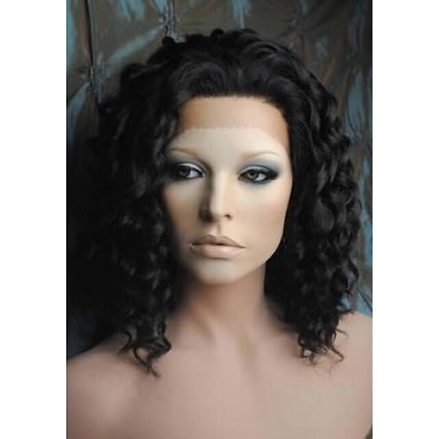  14 inch 1b natural black deep wave heat friendly synthetic lace front wigs lfsw010