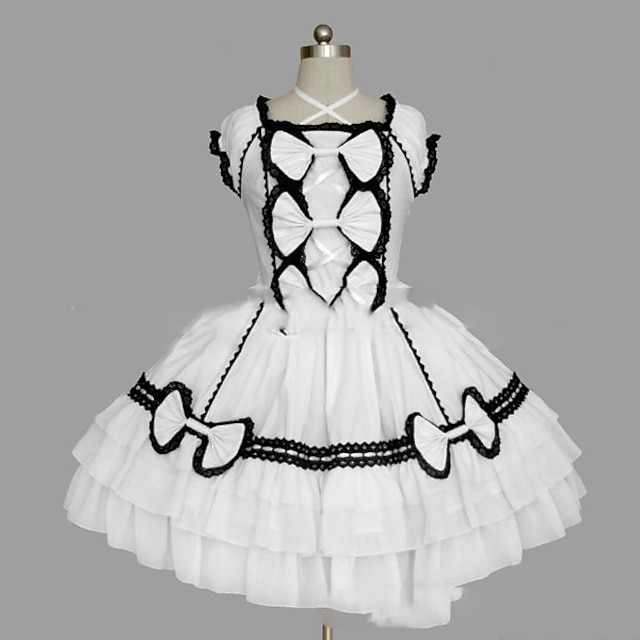  Prinzessin Süße Lolita Urlaubskleid Kleid Damen Mädchen Baumwolle Japanisch Cosplay Kostüme Übergrössen Kundenspezifische Weiß / Schwarz Ballkleid Jahrgang Kappe Kurzarm Kurz / Mini