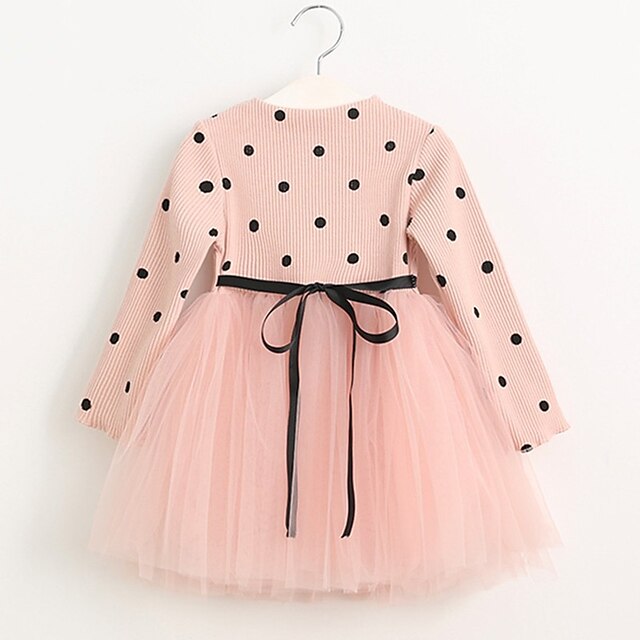  Νήπιο Λίγο Κοριτσίστικα Φόρεμα Πουά Ανθισμένο Ροζ Μακρυμάνικο Κουκκίδα Φορέματα Φθινόπωρο Χειμώνας Κανονικό