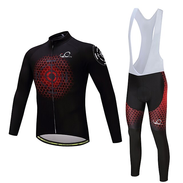  Women's Men's Long Sleeve Cycling Jersey with Bib Tights Winter Fleece Spandex Silicon Black Bike Clothing Suit Quick Dry Back Pocket Sports Honeycomb Mountain Bike MTB Road Bike Cycling Clothing