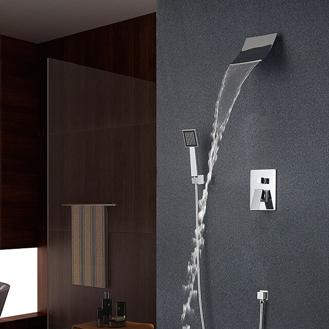  Ensemble de douche de bain en laiton, cascade murale de style moderne contemporain avec valve de salle de bain en céramique chromée avec interrupteur chaud et froid