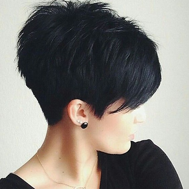  Human Hair Blend Wig Short Straight Pixie Cut Short Hairstyles 2020 With Bangs Berry Straight Machine Made Women's Natural Black #1B