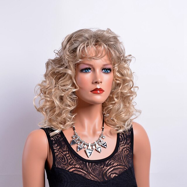  Synthetische Perücken Locken Locken Mit Pony Perücke Blond Mittlerer Länge Blond Synthetische Haare Damen Blond