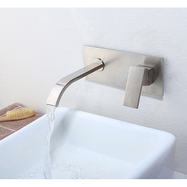  Bathroom Sink Faucet - Waterfall Nickel Brushed Wall Mounted Single Handle Two HolesBath Taps