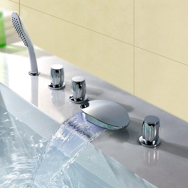  Torneira de Banheira - Moderna Cromado Banheira Romana Vãlvula Latão Bath Shower Mixer Taps / Três Handles cinco buracos