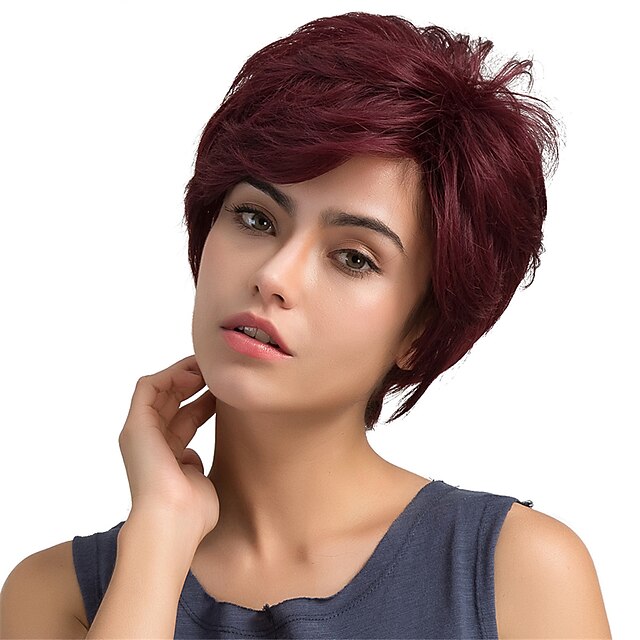  Směs lidských vlasů Paruka Volný Klasický Krátké účesy 2020 Berry Klasické Rovné na stroji Červená Denní