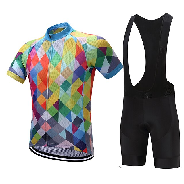  FUALRNY® Men's Short Sleeve Cycling Jersey with Bib Shorts Polyester Coolmax® Silicon Sky Blue Yellow Red Argyle Bike Clothing Suit Quick Dry Sweat-wicking Sports Argyle Mountain Bike MTB Road Bike