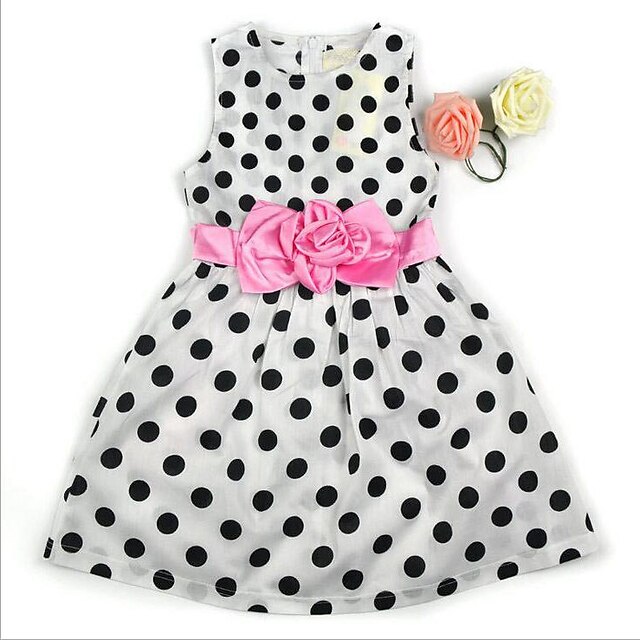  Toddler Little Girls' Dress Floral Polka Dot White Navy Blue Cotton Sleeveless Dot Floral Dresses Summer