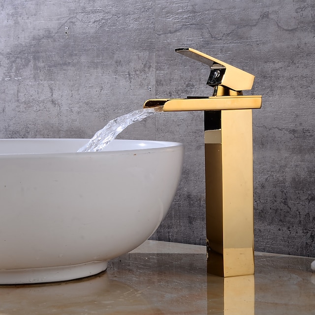  Brass Bathroom Sink Faucet,Golden Single Handle One Hole Waterfall Bath Taps with Hot and Cold Water