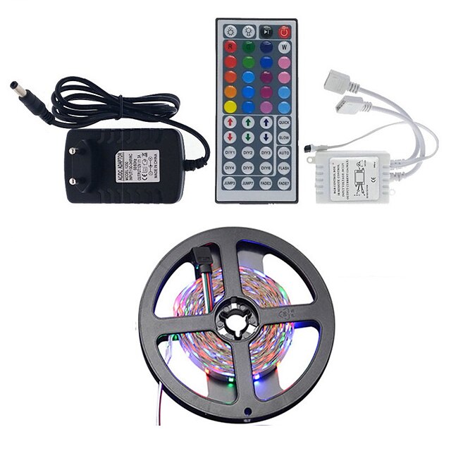  1x5M Light Sets RGB Strip Lights 300 LEDs 3528 SMD 8mm 1 44Keys Remote Controller 1 DC Cables 1 x 2A power adapter 1 set RGB Waterproof Cuttable Decorative 12 V / IP65 / Self-adhesive